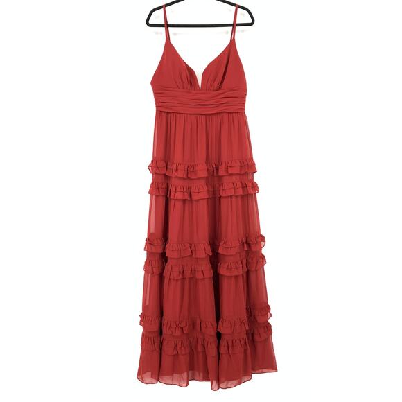 Azazie Rachel A-Line Chiffon Dress Womens Size A14 Pomegranate Tiered Ruffle - Picture 1 of 6